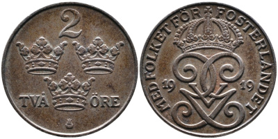 Швеция 2 эре 1919 Густав V (1907-1950) KM 790 железо 4388-1115