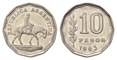 Аргентина 10 песо 1963 Гаучо KM 60 сталь плакированная никелем 4116-553