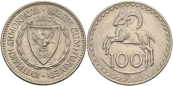 Кипр 100 милсов 1980 европейский муфлон KM 42 медно-никель 4168-636