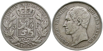 Бельгия 5 франков 1853 Леопольд I (1831-1865) KM 17 серебро 00-1067-5-52