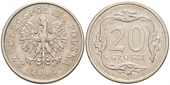 Польша 20 грошей 2001 MW KM 280 медно-никель 4516-558