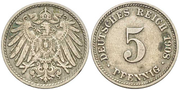 Германия 5 пфеннигов 1908 D KM 11, Jager 12, Weege 6 медно-никель 206-1223