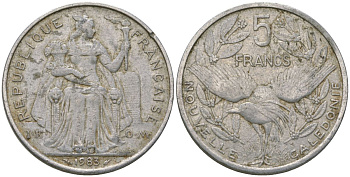 Французская Новая Каледония 5 франков 1983 птица кагу, (IEOM) KM 16, Schoen 12, Lec 75 алюминий 180-332