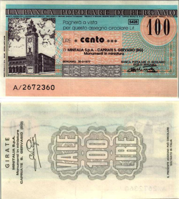 Италия 100 лир 1977 30 марта 1977 La Banca popoLare Di bergamo бумага UNC (пресс) 7221-11-3-2