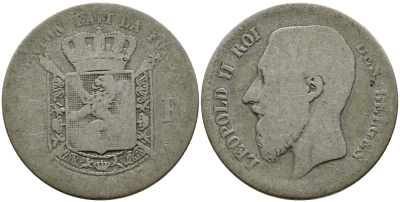 БЕЛЬГИЯ 1 ФРАНК 1867 ЛЕОПОЛЬД II (1865-1909), BELGES KM 28.1 серебро 87-645