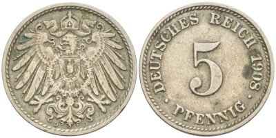 Германия 5 пфеннигов 1908 D KM 11, Jager 12, Weege 6 медно-никель 206-1223