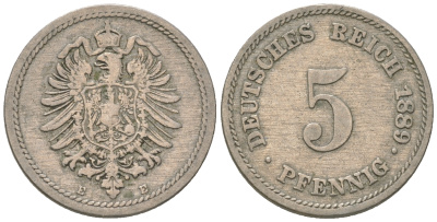Германия 5 пфеннигов 1889 E, старогербовка KM 3, J.3 медно-никель 4164-657