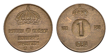 Швеция 1 эре 1958 TS, Густав VI Адольф (1950-1973) KM 820 бронза 4614-553