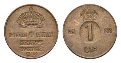 Швеция 1 эре 1958 TS, Густав VI Адольф (1950-1973) KM 820 бронза 4614-553