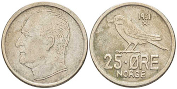 Норвегия 25 эре 1961 Улаф V (1958-1991), синица KM 407 медно-никель 3309-726