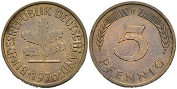 ФРГ 5 пфеннигов 1976 F KM 107, J.382 сталь плакированная латунью 4567-935