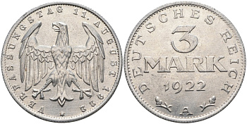 Германия 3 марки 1922 A, третья годовщина Веймарской Конституции KM 29, J.303 алюминий UNC 4587-124