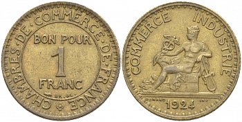 ФРАНЦИЯ 1 ФРАНК 1924 CLOSED 4 KM 876 алюминиевая бронза 4402-845