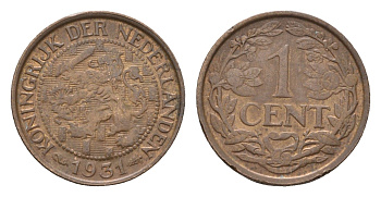 Нидерланды 1 цент 1931 Вильгельмина (1890-1948) KM 152 бронза 4674-1158