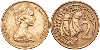 Новая Зеландия 2 цента 1967 Елизавета II (1952-2022), два цветка кохаи KM 32.1 бронза 4548-134