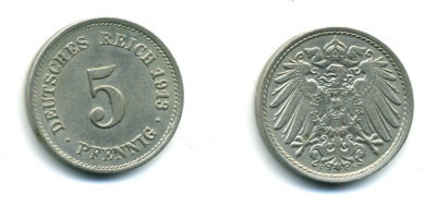 ГЕРМАНИЯ 5 ПФЕННИГОВ 1913 F, KM 11, J. 12 медно-никель 54-413