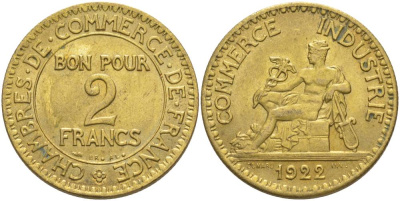 Франция 2 франка 1922 тип Chambres de Commerce KM 877, LE FRANC 267.4 алюминиевая бронза 69-1142