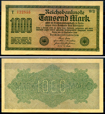 Германия 1000 марок 1922 выпуск 15 сентября 1922, водяной знак I, желтая бумага, серия WB, буква T Pick 76 b (2) бумага 8617-43-1-1