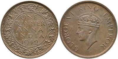 Британская Индия 1/4 анна 1942 Георг VI (1937-1952) KM 531 бронза aUNC 4110-514