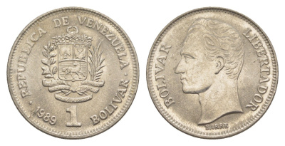 Венесуэла 1 боливар 1989 Симон Боливар, тонкий шрифт Y 52a.1 сталь плакированная никелем 4589-426