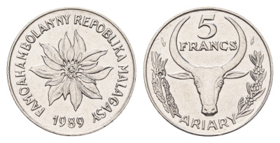 Мадагаскар 5 франков 1989 KM 10 нержавеющая сталь UNC 4669-469