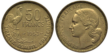 ФРАНЦИЯ 50 ФРАНКОВ 1953 ПЕТУХ KM 918.1, LE FRANC 425.10 алюминиевая бронза 27-843
