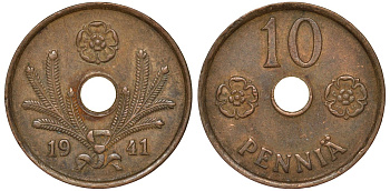 Финляндия 10 пенни 1941 KM 33.1 медь 51-3545