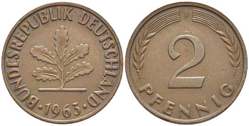 ФРГ 2 ПФЕННИГА 1963 F KM 106, J. 381 бронза 116-319