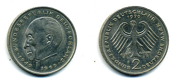 ФРГ 2 МАРКИ 1979 F, КОНРАД АДЕНАУЭР KM 124, J. 406 медно-никель плакированный никелем 29-1223