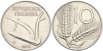 Италия 10 лир 1974 R, плуг KM 93 алюминий    4595-343