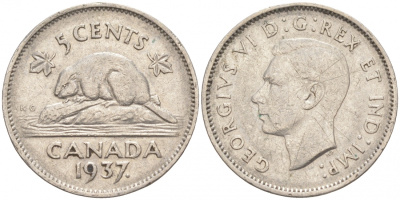 Канада 5 центов 1937 бобр Dot, Георг VI (1936-1952) KM 33 никель    73-1121