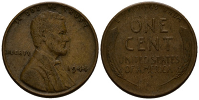 США 1 цент 1944 Линкольн KM A132 медь цинк 4164-838