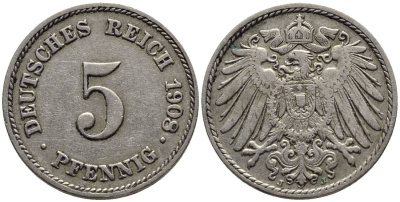 Германия 5 пфеннигов 1908 J KM 11, Jager 12, Weege 6 медно-никель 4547-467