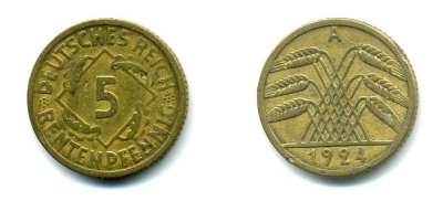 ГЕРМАНИЯ 5 РЕНТПФЕННИГОВ 1924 A J. 308, KM 32 алюминиевая бронза 46-2013