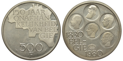 Бельгия 500 франков 1980 150 лет независимости, Belgie, Бодуэн I (1951-1993) KM 162 медно-никель покрытый серебром UNC 443-834