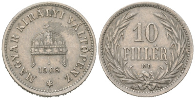 Венгрия 10 филлеров 1908 KB, Франц Иосиф I (1848-1916) KM 482 никель 4147-768