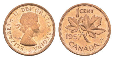 Канада 1 цент 1957 Елизавета II (1952-2022), кленовый лист KM 49 бронза UNC 4630-533
