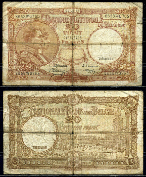 Бельгия 20 франков 1941 07.08.1941, Король Альберт I и его жена Королева Елизавета, Гран-Плас / Гроте Маркт, Брюссель Pick 111 (2) бумага 6301-28-3-1