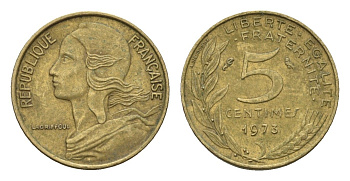 Франция 5 сантимов 1973 KM 933 алюминиевая бронза 4674-554