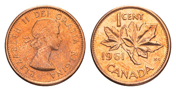 Канада 1 цент 1961 Елизавета II (1952-2022), кленовый лист KM 49 бронза 4639-318