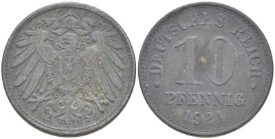 ГЕРМАНИЯ 10 ПФЕННИГОВ 1921 (1917-1922) KM 26, J. 299, Weege 8 цинк 210-246