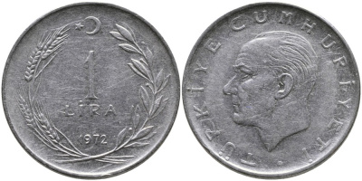 Турция 1 лира 1972 Мустафа Кемаль Ататюрк KM 889а.2 нержавеющая сталь 4364-4014