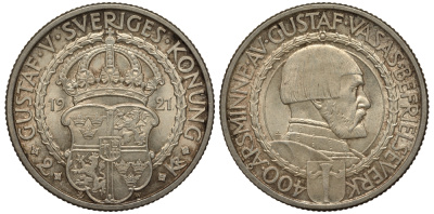 Швеция 2 кроны 1921 W, Густав V (1907-1950), 400 лет политических свобод KM 799 серебро 1527-712
