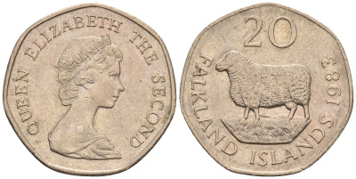 Фолклендские острова 20 пенсов 1983 Елизавета II (1952-2022), овца Ромни-марш KM 17 медно-никель 87-137