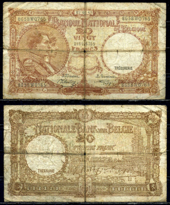 Бельгия 20 франков 1941 07.08.1941, Король Альберт I и его жена Королева Елизавета, Гран-Плас / Гроте Маркт, Брюссель Pick 111 (2) бумага 6301-28-3-1