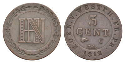 Вестфалия 3 сантима 1812 C, Жером Бонапарт (1807-1813), из коллекции Ричарда Б. Смита Smith 297, KM 93, ASK 41 медь 1525-1115