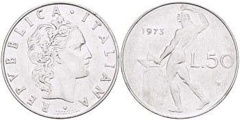 ИТАЛИЯ 50 ЛИР 1973 R, КУЗНЕЦ KM 95.1 нержавеющая сталь 4523-652