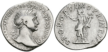 Римская Империя денарий 112 - 114 Траян SPQR OPTIMO PRINCIPI Фелицитата, персонификация Счастья Рим Very fine RIC 271 серебро 1073-4-1-4