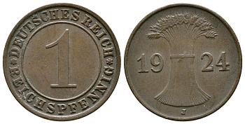 ГЕРМАНИЯ 1 РЕЙХСПФЕННИГ 1924 J KM 37, J.313 бронза 4380-1068