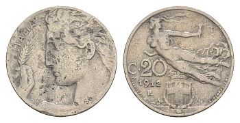 Италия 20 чентезимо 1912 R, Виктор Эммануил III (1900-1946) KM 44 никель 4547-918